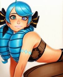 2025 ai_generated artist_name blue_eyes blue_hair breasts crazyfishbones female fishnets gwen_(league_of_legends) large_breasts long_hair looking_at_viewer solo thighhighs