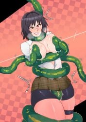 big_breasts black_hair blush dark_hair drooling female heterochromia light_skin medium_hair skirt sonazthewho sweat tentacle thick_thighs