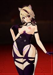 animal_ears bangs bare_shoulders black_gloves blonde_hair breasts cat_ears female gloves hair_ornament looking_at_viewer nipples piercing red_eyes solo squchan_(vtuber) thighhighs vyugen