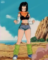 1girls akira_toriyama_(style) android_17 belly_button black_hair blue_eyes bob_cut dragon_ball dragon_ball_z exposed_belly female fighting_stance long_socks looking_at_viewer medium_breasts medium_hair rule_63 salvamakoto shorts slim_waist smiling_at_viewer tagme thick_thighs wide_hips