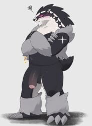 amedama12321 anthro badger belly blush erection foreskin generation_8_pokemon genitals hi_res male mammal mustelid musteline nintendo obstagoon penis pokemon pokemon_(species) slightly_chubby solo