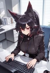 1girls ai_generated big_ass big_breasts black_hair computer female female_focus fox fox_ears fox_girl giselle_(project_qt) messy messy_hair office office_clothing office_lady ponytail project_qt red_eyes red_hair skindentation table two_tone_hair typing working working_girl