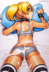 2025 ai_generated artist_name ass blonde_hair blue_eyes blush breasts bubbles_(ppg) crazyfishbones female looking_at_viewer lying solo twintails