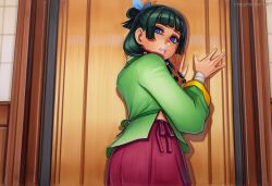 2025 ai_generated artist_name blue_eyes blush crazyfishbones female hair_bun japanese_clothes long_hair long_sleeves looking_at_viewer maomao_(kusuriya_no_hitorigoto) skirt solo
