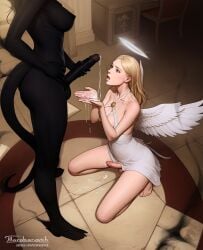 2022 angel angel_humanoid ass balls black_body black_penis blonde_hair blue_eyes bodily_fluids book breasts clothed clothed/nude clothing cum cum_on_breasts cum_on_hand cum_string demon demon_humanoid desk detailed_background digital_media_(artwork) digital_painting_(artwork) dress duality duo ejaculation erection faceless_character faceless_gynomorph faceless_intersex feathered_wings feathers floor foreskin furniture genital_fluids genitals gynomorph gynomorph/gynomorph gynomorph_humanoid hair halo hands-free hi_res human human_on_humanoid humanoid inside intersex intersex/intersex intersex_humanoid interspecies light_body light_skin long_hair looking_at_another looking_at_genitalia looking_at_partner looking_at_penis magic magic_circle mammal not_furry nude open_book open_mouth oral_invitation painting_(artwork) partially_retracted_foreskin penis penis_size_difference plantigrade retracted_foreskin ritual sitting spellbook spread_wings standing sweat table tarakanovich tile tile_floor tongue tongue_out white_body white_clothing white_dress white_feathers wings