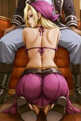 1boy ai_assisted ai_generated attractive back back_view back_view_blowjob bandana belt bikini blonde_hair blue_eyes chains chair cum cum_in_mouth cum_on_face earrings female female gina_benvesta gladiator_sandals golden_chain implied_blowjob implied_fellatio implied_oral interior kneeling kneeling_on_ground kuutei_senki large_breasts long_hair looking_over_shoulder olive_skin ponytail purple_clothing sarong sitting_on_chair skirt tan_skin tanned_skin upholstery view_from_behind