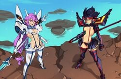 2girls black_hair breasts cleavage female female_only hair high_heels junketsu kaleina_(ricegnat) kill_la_kill long_hair looking_at_viewer matoi_ryuuko multiple_girls optionaltypo purple_hair revealing_clothes senketsu showgirl_skirt skimpy_clothes straight_hair studio_trigger thighhighs