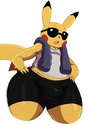 1boy 2017 anthro anthrofied ass big_ass big_booty_pikachu big_testicles bottom_heavy bulge chubby clothed clothing eyewear femboy furry hand_on_ass hand_on_hip hi_res huge_ass male male_only mammal midriff nintendo open_mouth original_character pikachu pokémon_(species) pokemon pokemon_rgby rodent shirt shorts simple_background sketch solo sssonic2 sunglasses teapot_(body_type) testicles thick_thighs video_games white_background wide_hips