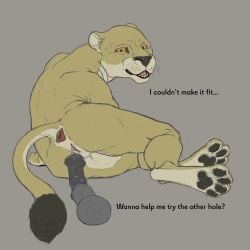 1:1 absurd_res animal_dildo animal_sex_toy asking_for_help ass bodily_fluids dildo equine_dildo felid female feral furvilous genital_fluids genitals hi_res lion mammal pantherine presenting pussy sex_toy solo too_big vaginal_fluids vulva