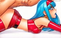 2025 ai_generated artist_name ass blue_eyes blue_hair blush breasts crazyfishbones female long_hair original straight sweat thighhighs
