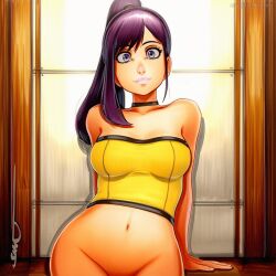 2025 ai_generated artist_name bottomless breasts choker crazyfishbones elin female long_hair midriff navel ponytail purple_hair solo