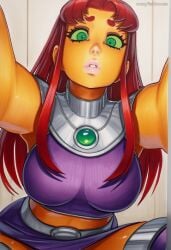 2025 ai_generated artist_name breasts crazyfishbones female green_eyes jewelry large_breasts lips long_hair looking_at_viewer red_hair solo starfire