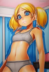 2025 ai_generated artist_name blonde_hair blue_eyes bubbles_(ppg) crazyfishbones female looking_at_viewer navel original panties solo twintails underwear