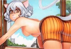 2025 ai_generated animal_ears artist_name ass breasts cat_ears cat_tail crazyfishbones female hunter_x_hunter looking_back neferpitou short_hair solo tail