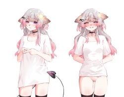 animal_ears annytf black_choker black_legwear blush bottomless breasts choker eyebrows_visible_through_hair female long_hair looking_at_viewer multicolored_hair multiple_views parted_lips shirt short_sleeves smile star_(symbol) star_hair_ornament tail thighhighs variations virtual_youtuber
