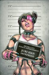 1girls abs artist_signature bad_bitch black_hair capcom cedric_poulat female juri_han mugshot pink_eyes street_fighter street_fighter_6 tagme toned toned_female tounge_out twintails two_tone_eyes