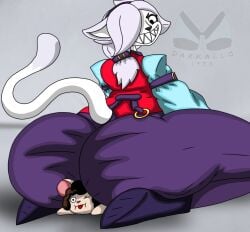 1boy 1girls allo_art anthro ass ass_focus brawl_stars butt_crush butt_focus colette_(brawl_stars) commission feline furry mouse rod_(nowaythezonky) self_insert sharp_teeth sitting sitting_on_person size_difference smile