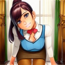 2025 ai_generated artist_name breasts cleavage crazyfishbones elin female long_hair pantyhose pencil_skirt sitting skirt smile solo