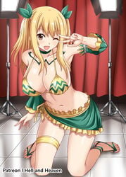 1girls bangs bare_shoulders bikini bikini_top blonde blonde_hair blush bra breasts brown_eyes chest_tattoo choker cleavage collarbone curtain detached_sleeves eyebrows_visible_through_hair facing_viewer fairy_tail feet floor full_body green_ribbons green_tattoo hair_ornament hair_ribbon half_updo hand_up happy hellandheaven highres huge_breasts indoors kneeling long_hair looking_at_viewer lucy_heartfilia midriff navel one_eye_closed one_eye_open ribbon room sandals sash sitting skirt smile solo solo_female spotlight swimsuit tattoo tattoo_on_chest tattooed_chest tile_floor tiles twintails underwear wink