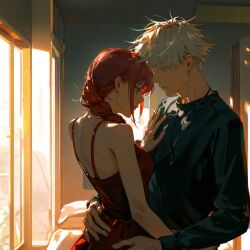 1boy 1girls ai_generated bare_back black_clothing chainsaw_man crossover crossover_pairing female gojo_satoru gojou_satoru jujutsu_kaisen makima_(chainsaw_man) male male/female red_dress red_hair romantic romantic_ambiance satoru_gojo straight white_hair