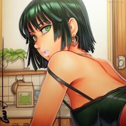 2025 ai_generated artist_name black_hair crazyfishbones female fubuki_(one-punch_man) green_eyes green_hair indoors jewelry looking_at_viewer original short_hair solo
