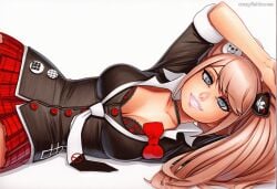 2025 ai_generated artist_name blue_eyes breasts cleavage crazyfishbones enoshima_junko female large_breasts long_hair looking_at_viewer lying smile solo