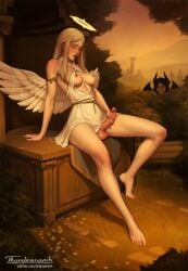 2022 ambiguous_gender ambiguous_humanoid angel angel_humanoid arm_support armlet atmospheric_perspective balls barefoot blonde_hair blush breasts closed_eyes clothed clothing demon demon_humanoid detailed_background digital_media_(artwork) digital_painting_(artwork) dress duo erect_nipples erection exposed_breasts feathered_wings feathers feet genitals gynomorph gynomorph_focus gynomorph_humanoid hair halo hi_res holding_penis horn humanoid humanoid_genitalia humanoid_penis intersex intersex_focus intersex_humanoid leaning leaning_backward light_body light_skin long_hair looking_at_another looking_pleasured membrane_(anatomy) membranous_wings nipples open_mouth outside painting_(artwork) peeping penetration penile penile_penetration penis pillar plant plantigrade restricted_palette shrub sitting smile solo_focus spread_wings tarakanovich text url voyeur white_body white_clothing white_dress white_feathers wings