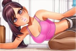 2025 ai_generated artist_name breasts cleavage crazyfishbones elin female hair_bun long_hair looking_at_viewer purple_eyes shorts solo sports_bra