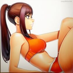 2025 ai_generated artist_name breasts brown_hair crazyfishbones elin female long_hair looking_at_viewer medium_breasts midriff navel ponytail solo