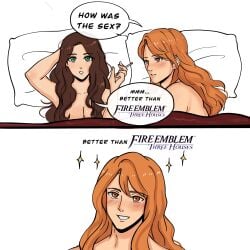 1boy 1girls after_sex blush blushing breasts brown_eyes brown_hair covered_nipples dorothea_arnault female ferdinand_von_aegir fire_emblem fire_emblem:_three_houses green_eyes hair_covering_breasts humor hunnymzdraws in_bed large_breasts long_hair male naked naked_female naked_male nintendo nude nude_female nude_male praise praise_kink red_hair smoking smoking_cigarette submissive submissive_male wholesome