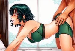 1boy 2025 ai_generated artist_name breasts crazyfishbones doggy_style female fubuki_(one-punch_man) green_eyes sex sex_from_behind short_hair straight sweat