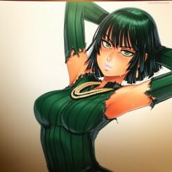 2025 ai_generated armpits artist_name black_hair breasts crazyfishbones female fubuki_(one-punch_man) gloves green_eyes green_hair large_breasts looking_at_viewer solo