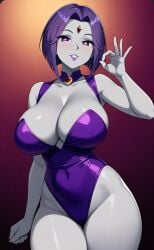 ai_generated big_ass big_breasts bob_cut fellatio_gesture half-closed_eyes milf mommy purple_hair purple_lipstick raven_(dc) revealing_clothes seductive_look seductive_smile short_hair teen_titans thick_thighs