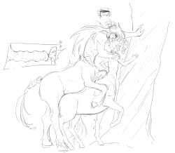 1boy animal centaur cum cum_in_pussy female greyscale long_hair monochrome monster_boy nude penis sex straight zoophilia