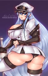 1girls akame_ga_kill! ange1witch artist_name ass big_ass big_breasts blue_eyes breasts clothing curvy dat_ass esdeath_(akame_ga_kill!) female female_only hair huge_ass huge_breasts long_hair solo uniform very_long_hair watermark