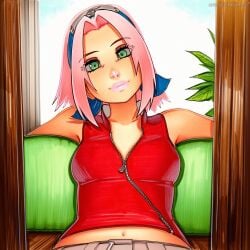 2025 ai_generated artist_name breasts crazyfishbones female green_eyes midriff naruto naruto_(series) naruto_shippuuden pink_hair sakura_haruno solo