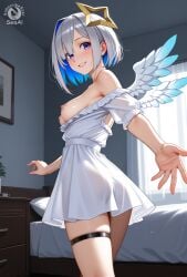 1girls aged_up ai_generated amane_kanata ass breasts_out cowboy_shot dress_down female from_behind holoforce hololive hololive_japan looking_at_viewer medium_breasts nipples parted_lips reaching_towards_viewer seacreator smile subscribestar subscribestar_logo subscribestar_username virtual_youtuber walking