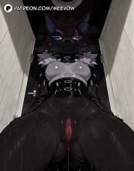 ai_generated animal_ears anus ass_visible_through_thighs black_fur blue_sclera body_fur bottomless breasts closed_mouth collar colored_sclera door female fortnite fortnite:_battle_royale from_below furry furry_female half-closed_eyes highwire_(fortnite) looking_at_viewer looking_down medium_breasts meevow pussy solo uncensored wet