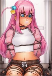 2025 ai_generated artist_name blue_eyes bondage bondage bound crazyfishbones female gotoh_hitori_(octopus) long_hair midriff navel pink_hair solo