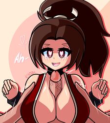 1boy 1girls bare_shoulders big_breasts blush bracers breasts brown_hair busty clothed_paizuri clothing fatal_fury female heart-shaped_pupils hetero huge_breasts kafein king_of_fighters kunoichi large_breasts long_hair mai_shiranui masturbation ninja paizuri penis ponytail pov smile snk straight tied_hair visible_breath