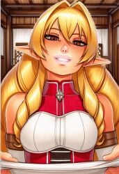 2025 ai_generated artist_name blonde_hair breasts crazyfishbones elf elinalise_dragonroad female large_breasts long_hair looking_at_viewer pointy_ears solo upper_body