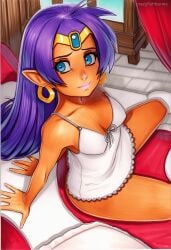 2025 ai_generated artist_name blue_eyes breasts crazyfishbones dark-skinned_female dark_skin female jewelry long_hair pointy_ears purple_hair shantae shantae_(character) solo sundress