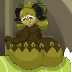 1girls 2024 ass bed bedroom big_ass big_breasts big_butt breasts cookie cookie_run cookie_run_kingdom cookie_run_ovenbreak female fromariels granny green_eyes green_hair grey_body larger_female looking_at_viewer matcha_cookie nipples non-human shirt shorts sitting solo solo_female thick_thighs twitter_username