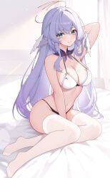 1girls arm_behind_head blue_hair bra breasts cleavage female_focus female_only green_eyes halo honkai:_star_rail large_breasts long_hair looking_at_viewer panties robin_(honkai:_star_rail) smiling smiling_at_viewer solo_female solo_focus thighhighs unknown_artist wings