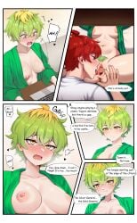 ai-created ai_generated ayase_yuu bathrobe big_breasts bush comic comic_page cunnilingus distracted focused green_hair mikadono_miwa mikadono_sanshimai_wa_angai_choroi moonbeecreator pussy pussy_eating pussy_juice pussy_lips red_hair spread_pussy