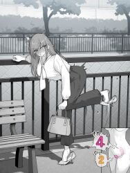 bag blush breasts commentary_request female heart heart-shaped_pupils highres kakuremino7928 large_breasts large_variant_set limited_palette long_hair neckerchief nose_blush object_insertion open_mouth original outdoors pants pussy_juice remote_control_vibrator sex_toy shirt standing standing_on_one_leg symbol-shaped_pupils vaginal_object_insertion vaginal_penetration variant_set vibrator vibrator_under_clothes