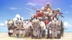 1boy 6+girls animal_ears babydoll ball_gag beach black_babydoll black_thighhighs blinders blonde_hair blue_eyes breasts cart censored character_request contrail cupless_babydoll day demon_tail dress erection fake_animal_ears gag gag_harness gagged grabbing_another's_breast groping handjob harem highres horse_ears huge_breasts human_dog large_penis long_hair medium_breasts multiple_girls nipple_chain nipple_tassels nipples no_shoes ocean outdoors penis pet_play pony_play ponytail qingmingtongzi red_dress short_hair sitting skull_ornament slave tail thighhighs warship_girls_r wiffle_gag