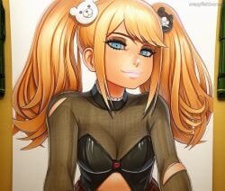 2025 ai_generated artist_name blonde_hair blue_eyes breasts cleavage crazyfishbones danganronpa_(series) enoshima_junko female long_hair solo twintails