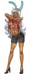 animal_ears armpits bare_shoulders black_background black_footwear breasts cg cleavage clothes_lift dark-skinned_female dark_skin female full_body glasses grey_hair grey_shorts hentai_heroes high_heels kinkoid large_breasts legs lipstick long_hair looking_at_viewer makeup medium_breasts navel official_art parody rabbi_(hentai_heroes) rabbit_ears shiny_skin shirt_lift shoes short_shorts shorts silver_hair simple_background smile solo standing thighs tongue tongue_out transparent_background underboob undressing very_long_hair wavy_hair white_hair yellow_eyes