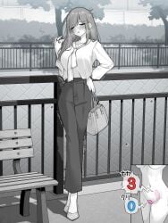 bag blush breasts closed_eyes commentary_request female highres kakuremino7928 large_breasts large_variant_set limited_palette long_hair neckerchief object_insertion open_mouth original outdoors pants remote_control_vibrator sex_toy shirt trembling vaginal_object_insertion vaginal_penetration variant_set vibrator vibrator_under_clothes
